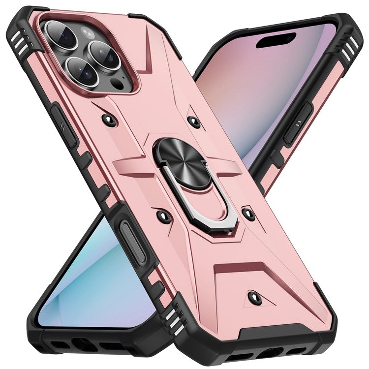 For iPhone 16 Pro Case PC+ TPU Anti-Drop Phone Cover with Ring Kickstand - Rose Gold