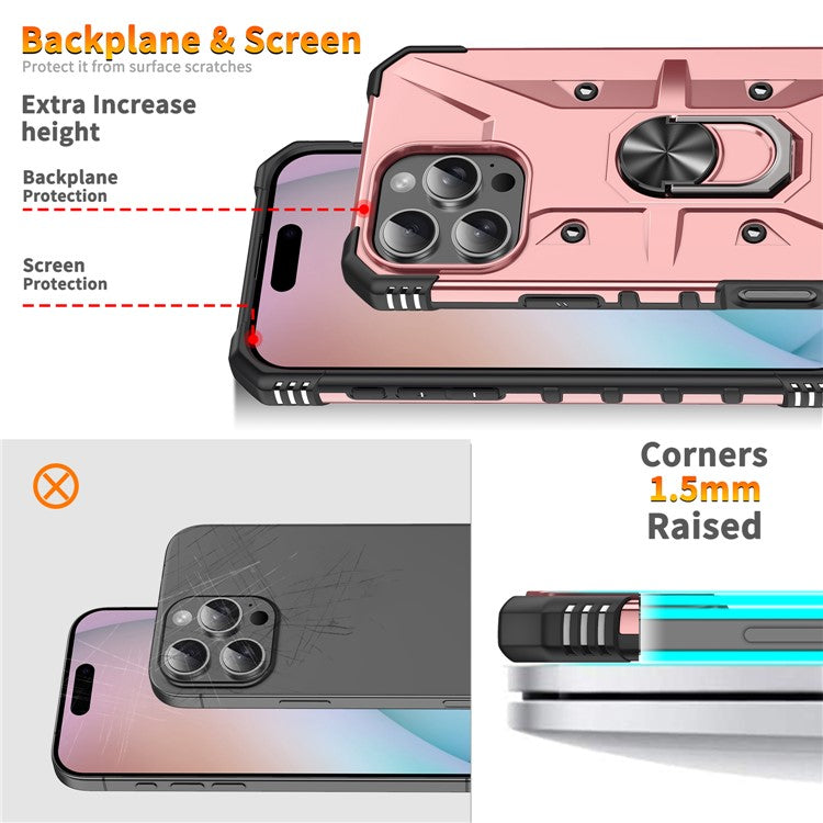 For iPhone 16 Pro Case PC+ TPU Anti-Drop Phone Cover with Ring Kickstand - Rose Gold