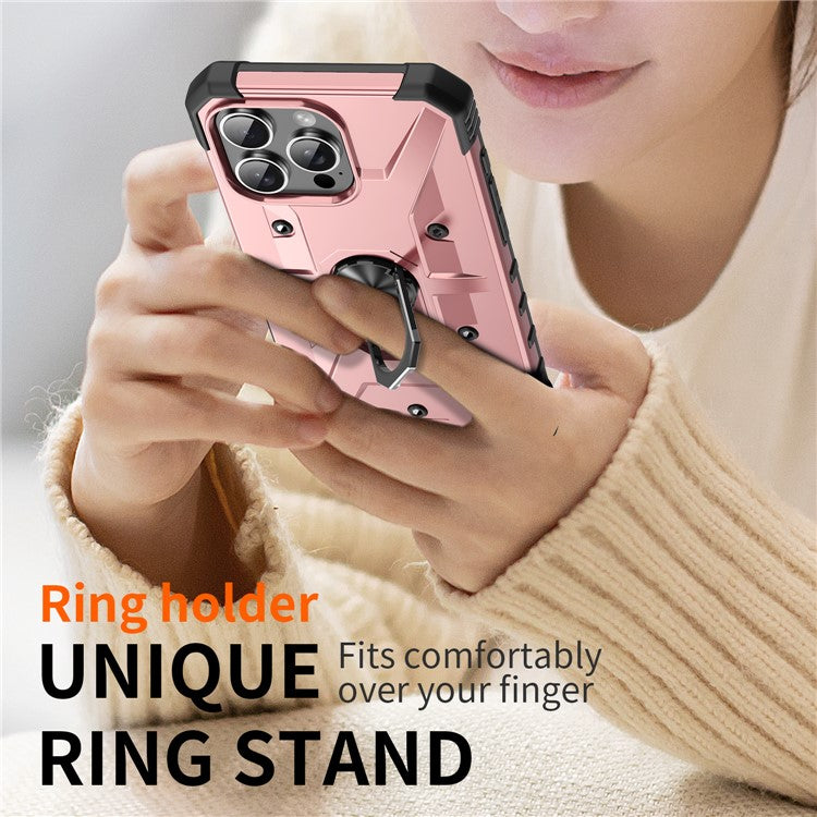 For iPhone 16 Pro Case PC+ TPU Anti-Drop Phone Cover with Ring Kickstand - Rose Gold