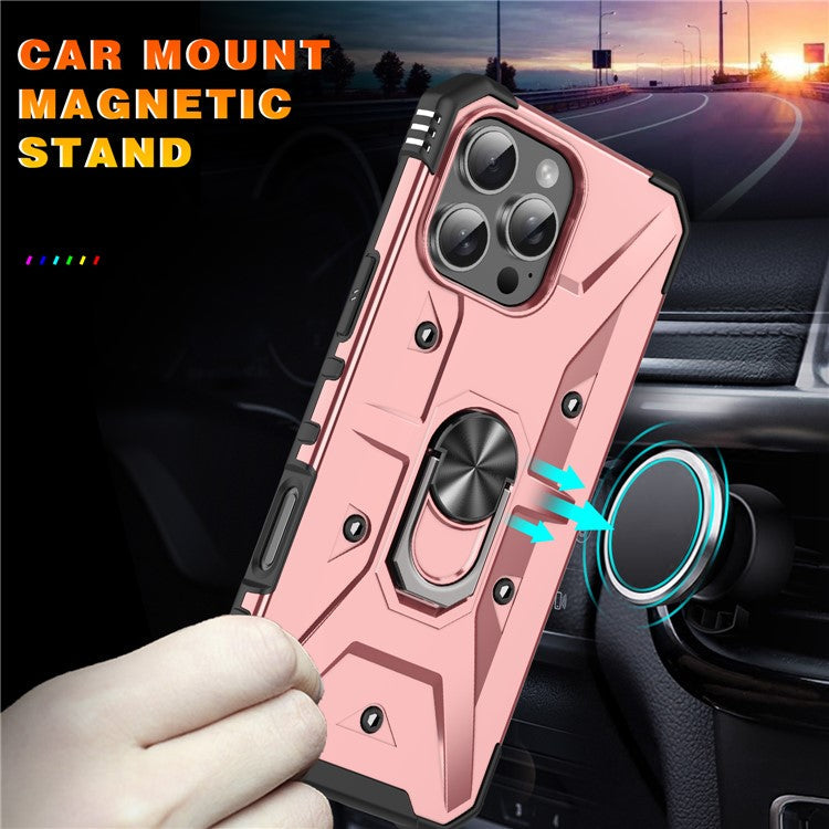 For iPhone 16 Pro Case PC+ TPU Anti-Drop Phone Cover with Ring Kickstand - Rose Gold