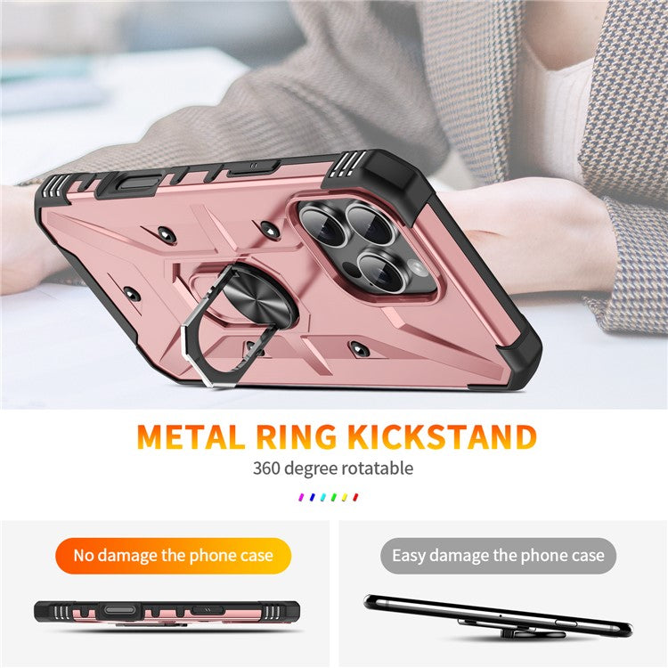 For iPhone 16 Pro Case PC+ TPU Anti-Drop Phone Cover with Ring Kickstand - Rose Gold