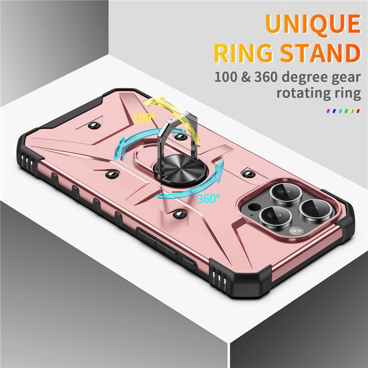 For iPhone 16 Pro Case PC+ TPU Anti-Drop Phone Cover with Ring Kickstand - Rose Gold