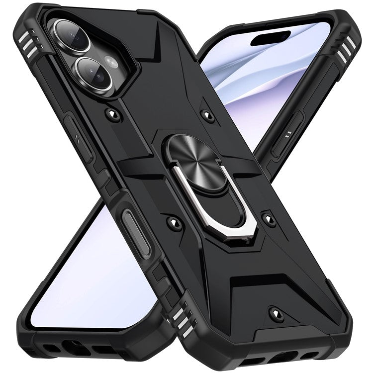 For iPhone 16 Case PC+ TPU Anti-Drop Phone Cover with Ring Kickstand - Black