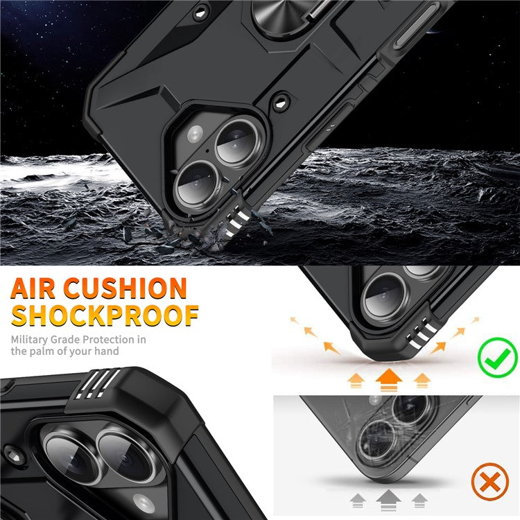 For iPhone 16 Case PC+ TPU Anti-Drop Phone Cover with Ring Kickstand - Black