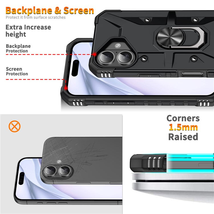 For iPhone 16 Case PC+ TPU Anti-Drop Phone Cover with Ring Kickstand - Black