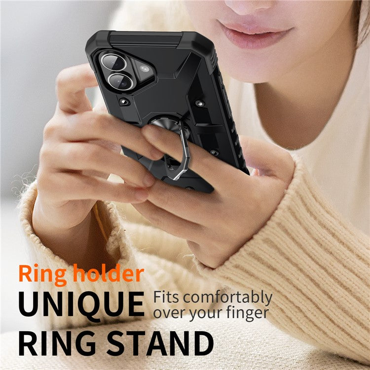 For iPhone 16 Case PC+ TPU Anti-Drop Phone Cover with Ring Kickstand - Black