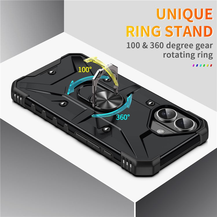 For iPhone 16 Case PC+ TPU Anti-Drop Phone Cover with Ring Kickstand - Black