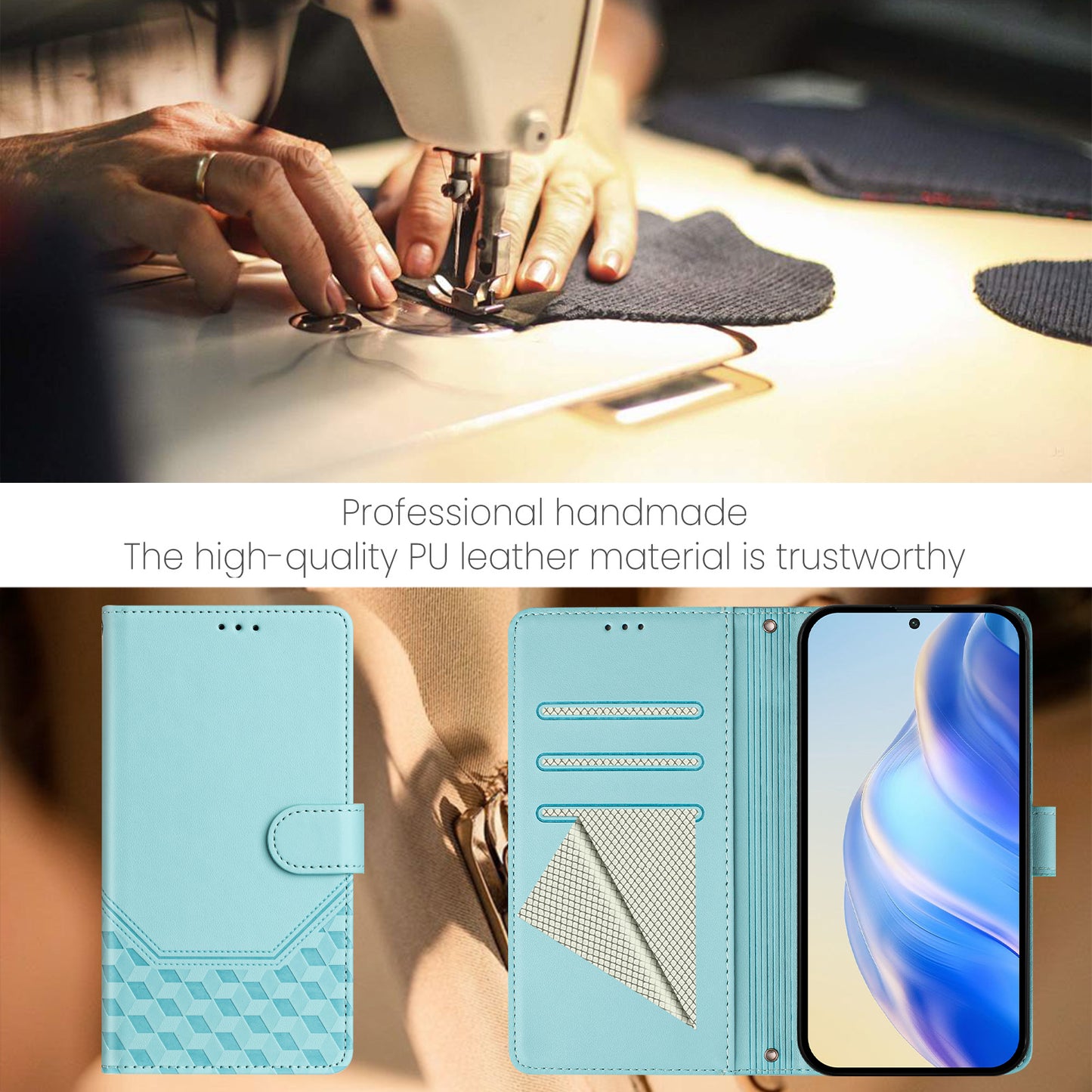 For Samsung Galaxy A16 5G / A16 4G Case Imprinted Honeycomb RFID Blocking Leather Phone Cover with Strap - Mint Green