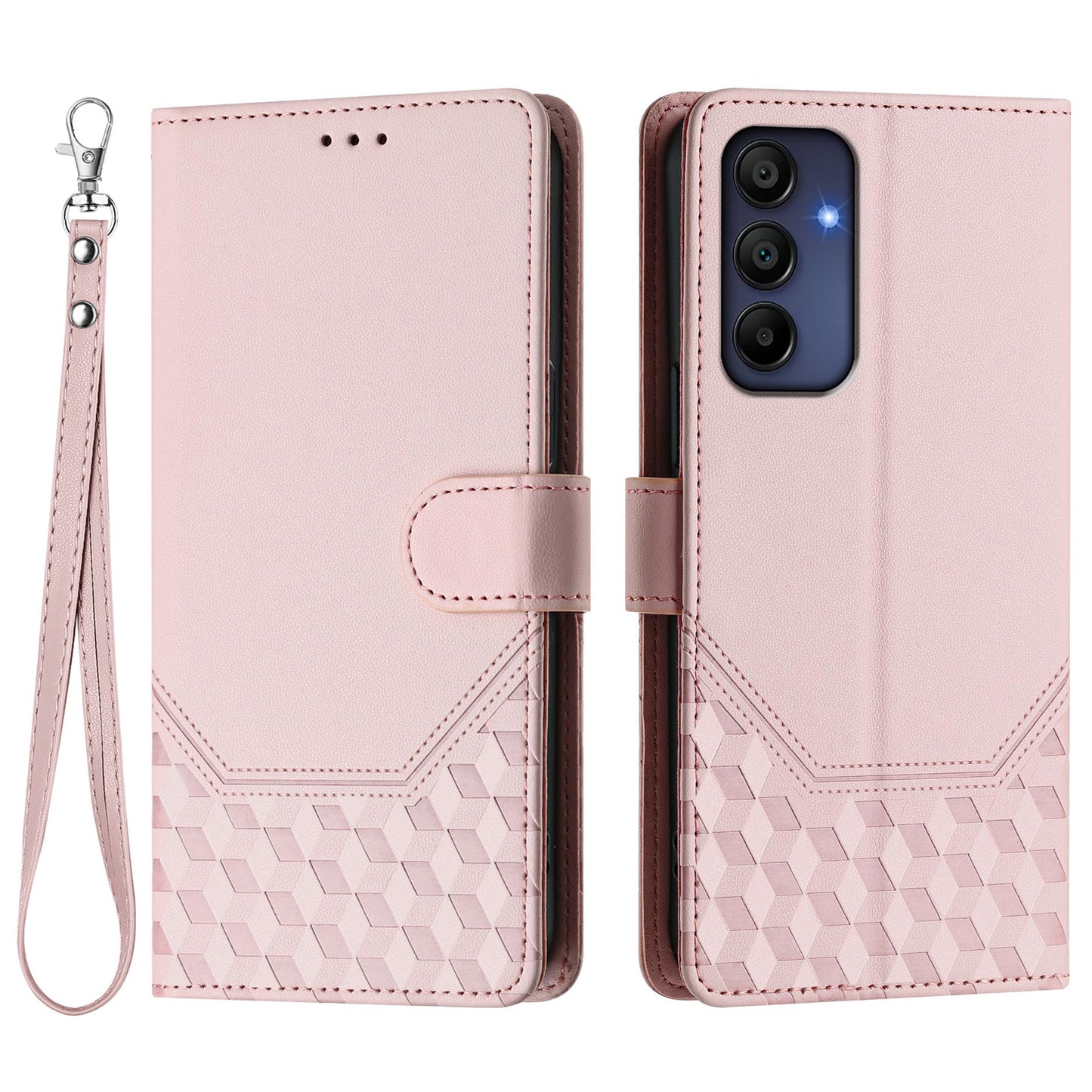 For Samsung Galaxy A16 5G / A16 4G Case Imprinted Honeycomb RFID Blocking Leather Phone Cover with Strap - Pink