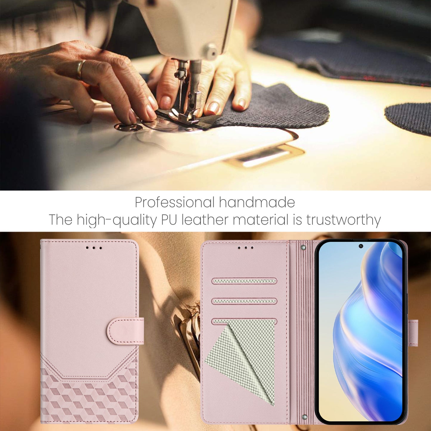 For Samsung Galaxy A16 5G / A16 4G Case Imprinted Honeycomb RFID Blocking Leather Phone Cover with Strap - Pink