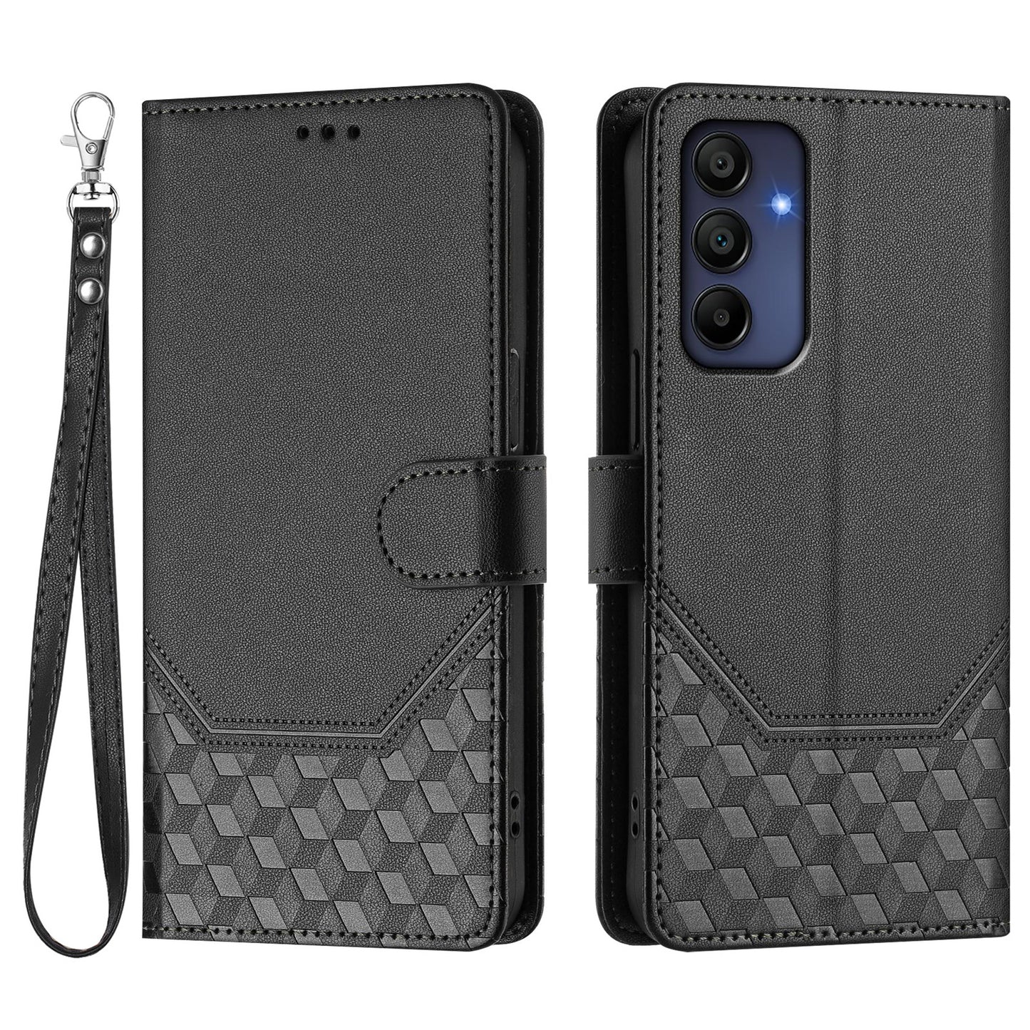 For Samsung Galaxy A16 5G / A16 4G Case Imprinted Honeycomb RFID Blocking Leather Phone Cover with Strap - Black
