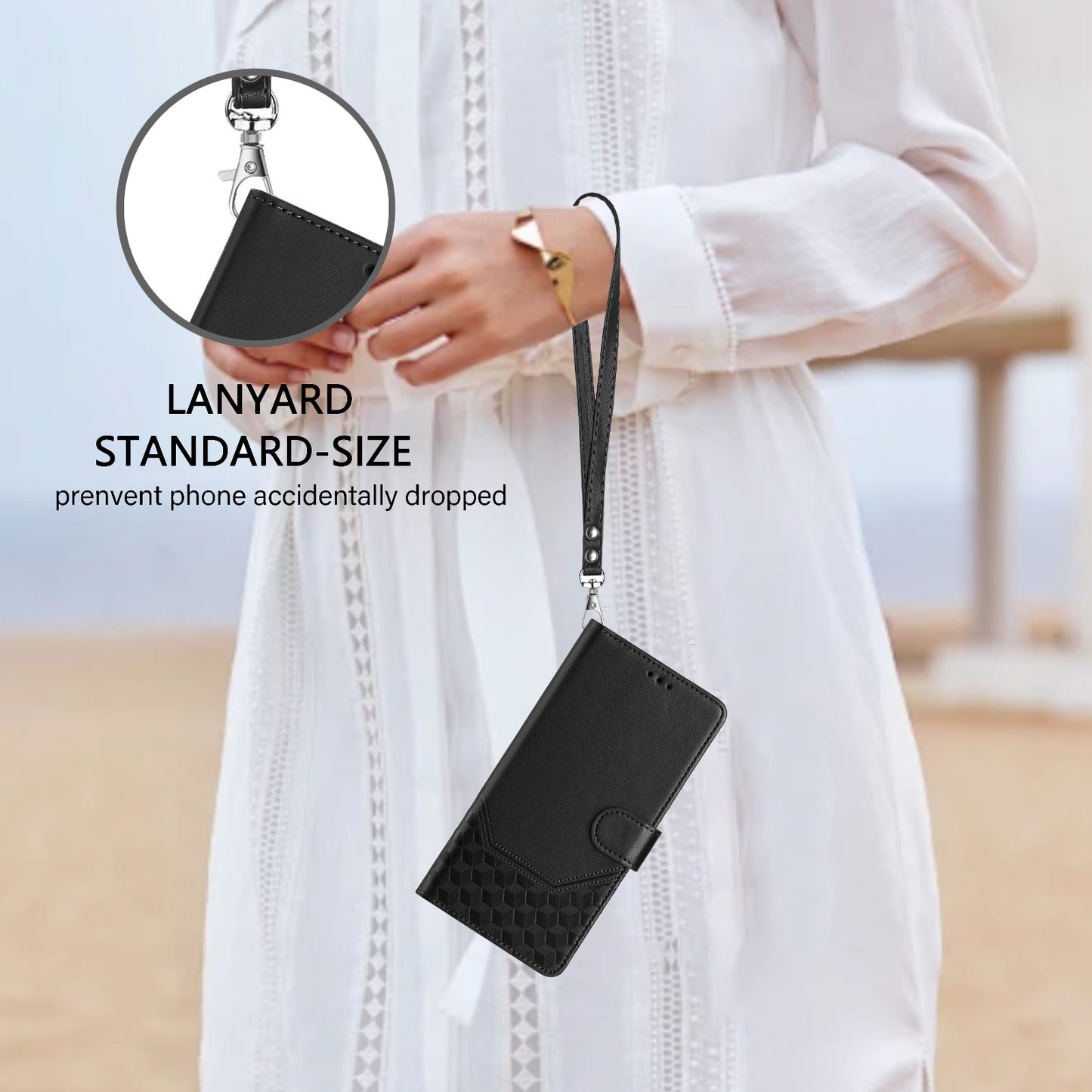 For Samsung Galaxy A16 5G / A16 4G Case Imprinted Honeycomb RFID Blocking Leather Phone Cover with Strap - Black