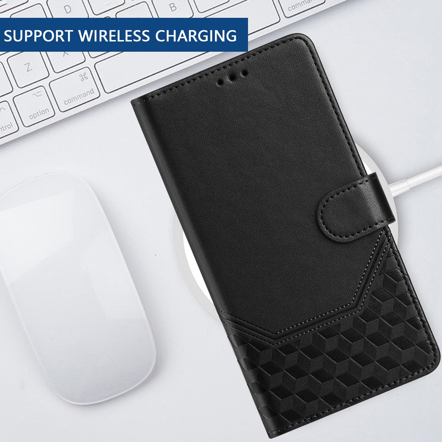 For Samsung Galaxy A16 5G / A16 4G Case Imprinted Honeycomb RFID Blocking Leather Phone Cover with Strap - Black