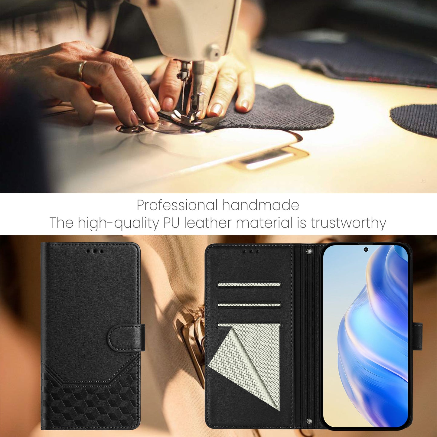 For Samsung Galaxy A16 5G / A16 4G Case Imprinted Honeycomb RFID Blocking Leather Phone Cover with Strap - Black