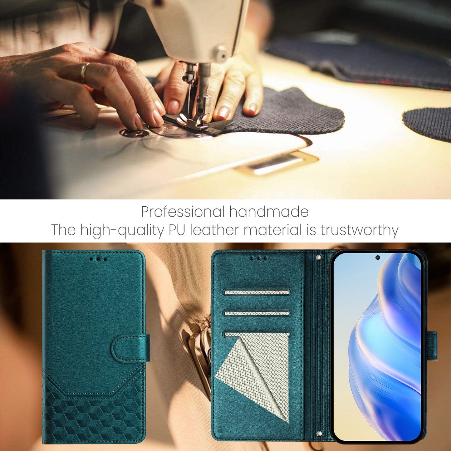 For Samsung Galaxy A16 5G / A16 4G Case Imprinted Honeycomb RFID Blocking Leather Phone Cover with Strap - Green