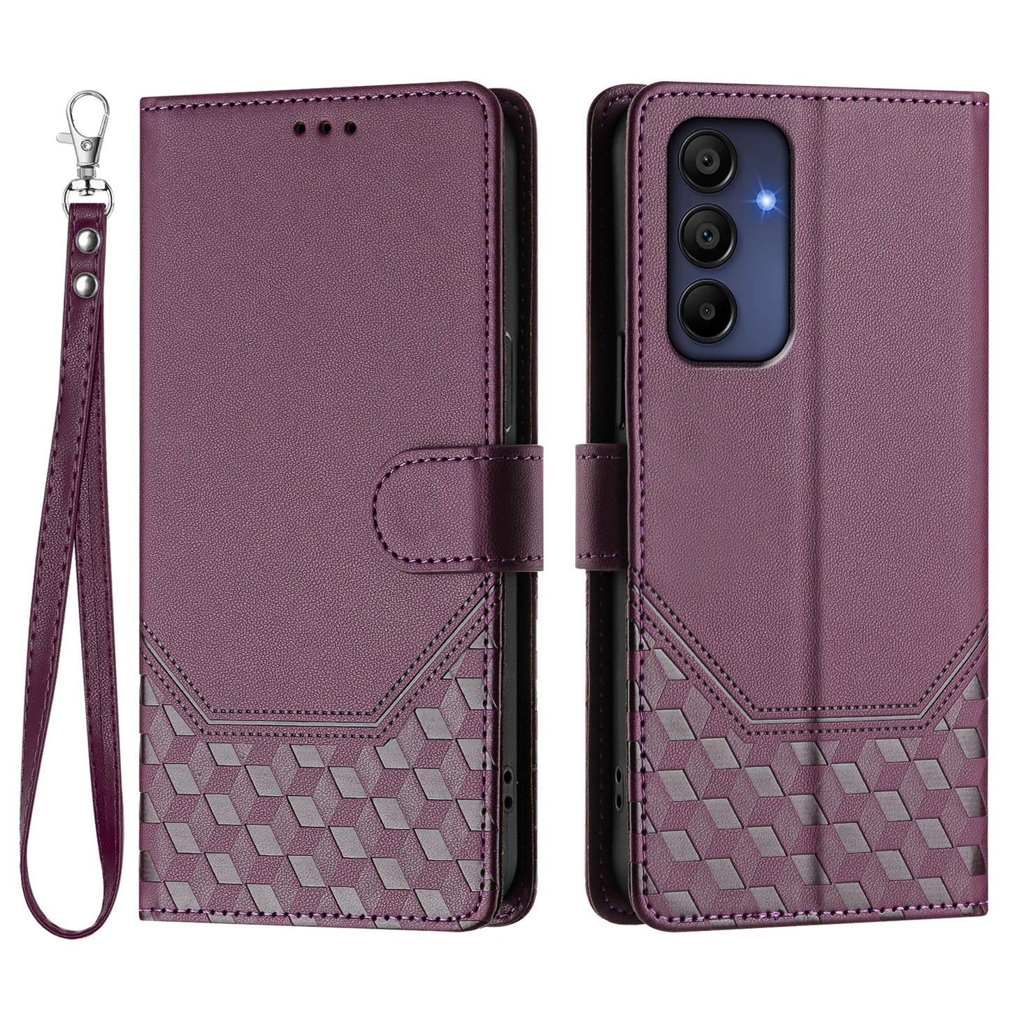 For Samsung Galaxy A16 5G / A16 4G Case Imprinted Honeycomb RFID Blocking Leather Phone Cover with Strap - Dark Purple