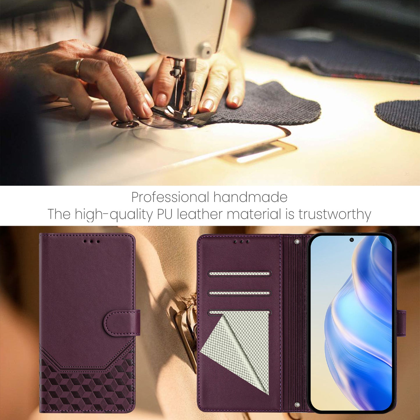 For Samsung Galaxy A16 5G / A16 4G Case Imprinted Honeycomb RFID Blocking Leather Phone Cover with Strap - Dark Purple