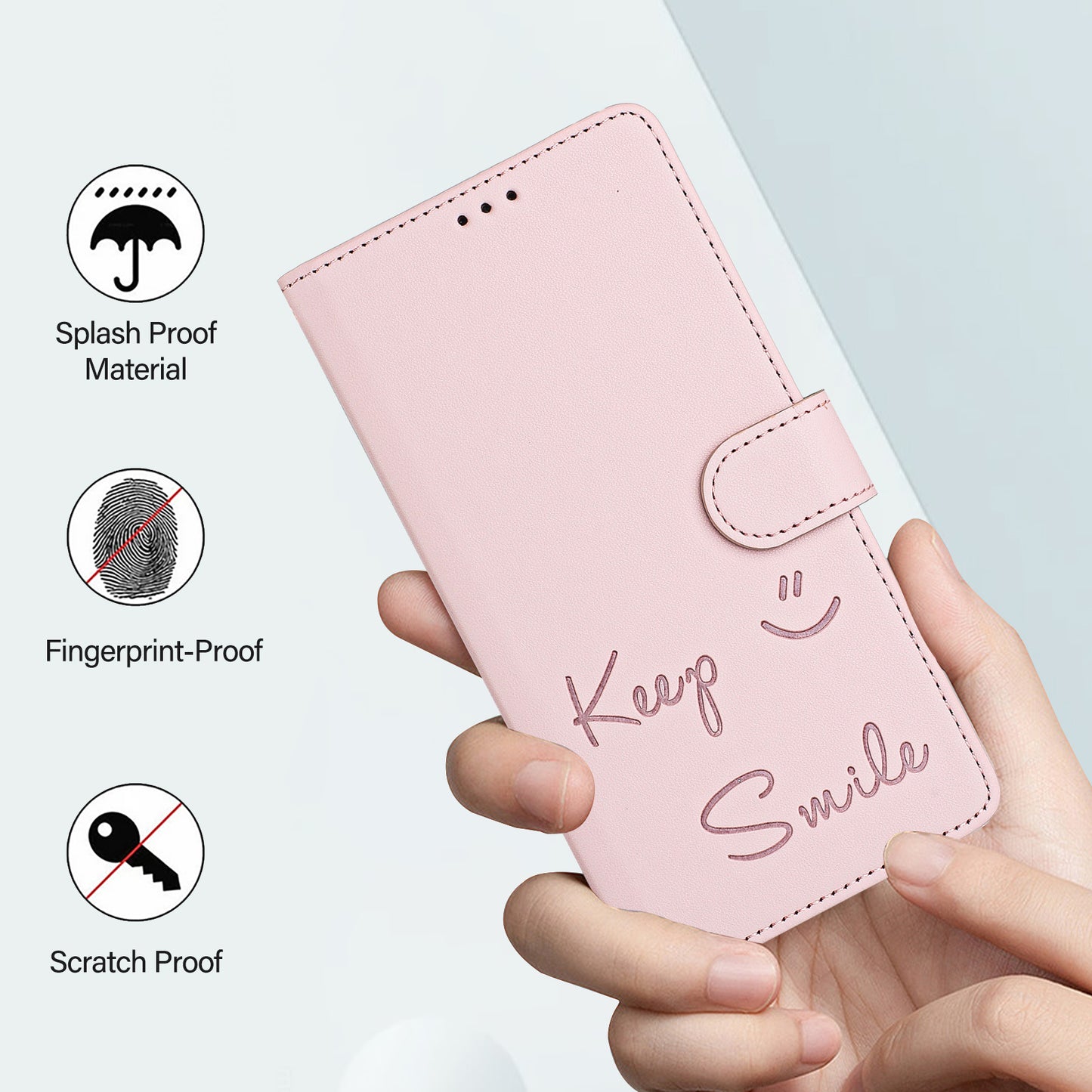 For Samsung Galaxy A16 5G / A16 4G Case Smile Imprinted RFID Blocking Leather Phone Cover with Strap - Pink