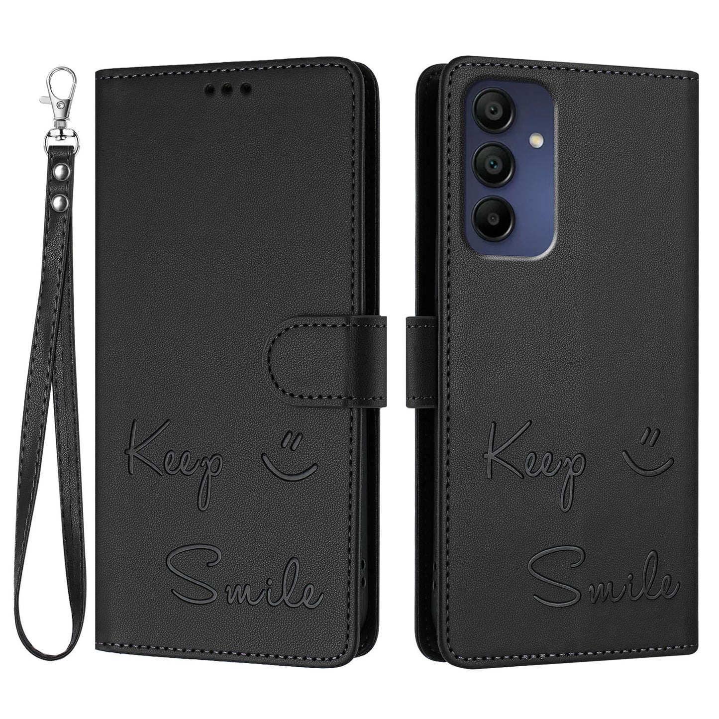 For Samsung Galaxy A16 5G / A16 4G Case Smile Imprinted RFID Blocking Leather Phone Cover with Strap - Black