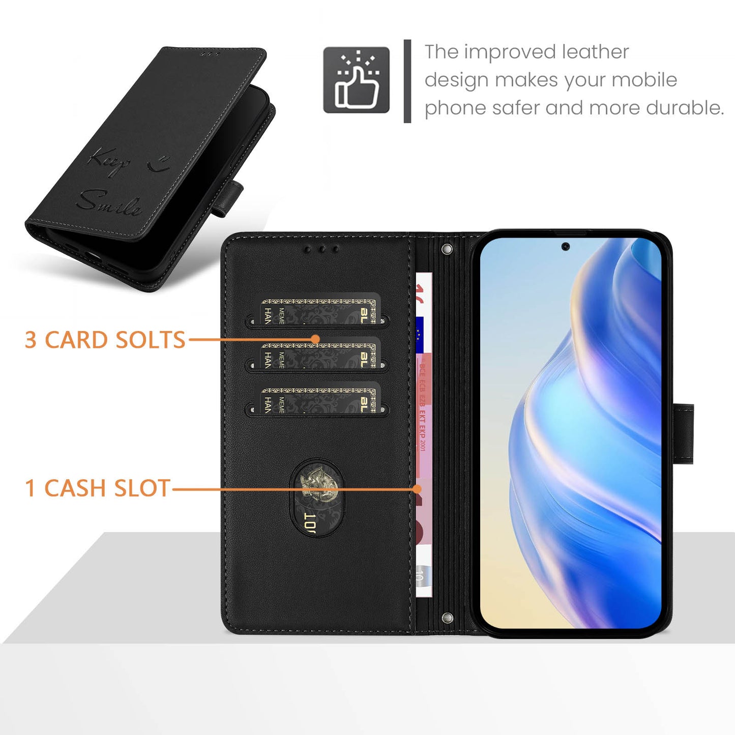 For Samsung Galaxy A16 5G / A16 4G Case Smile Imprinted RFID Blocking Leather Phone Cover with Strap - Black