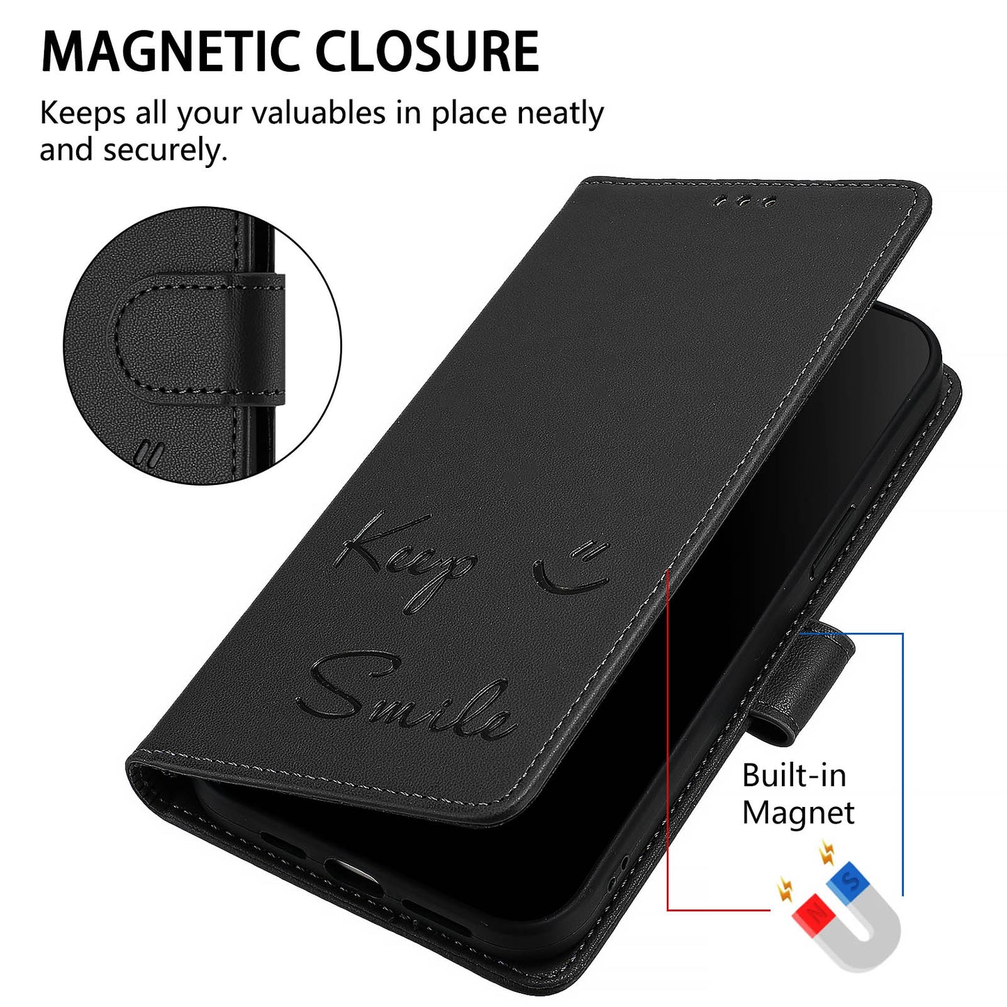 For Samsung Galaxy A16 5G / A16 4G Case Smile Imprinted RFID Blocking Leather Phone Cover with Strap - Black