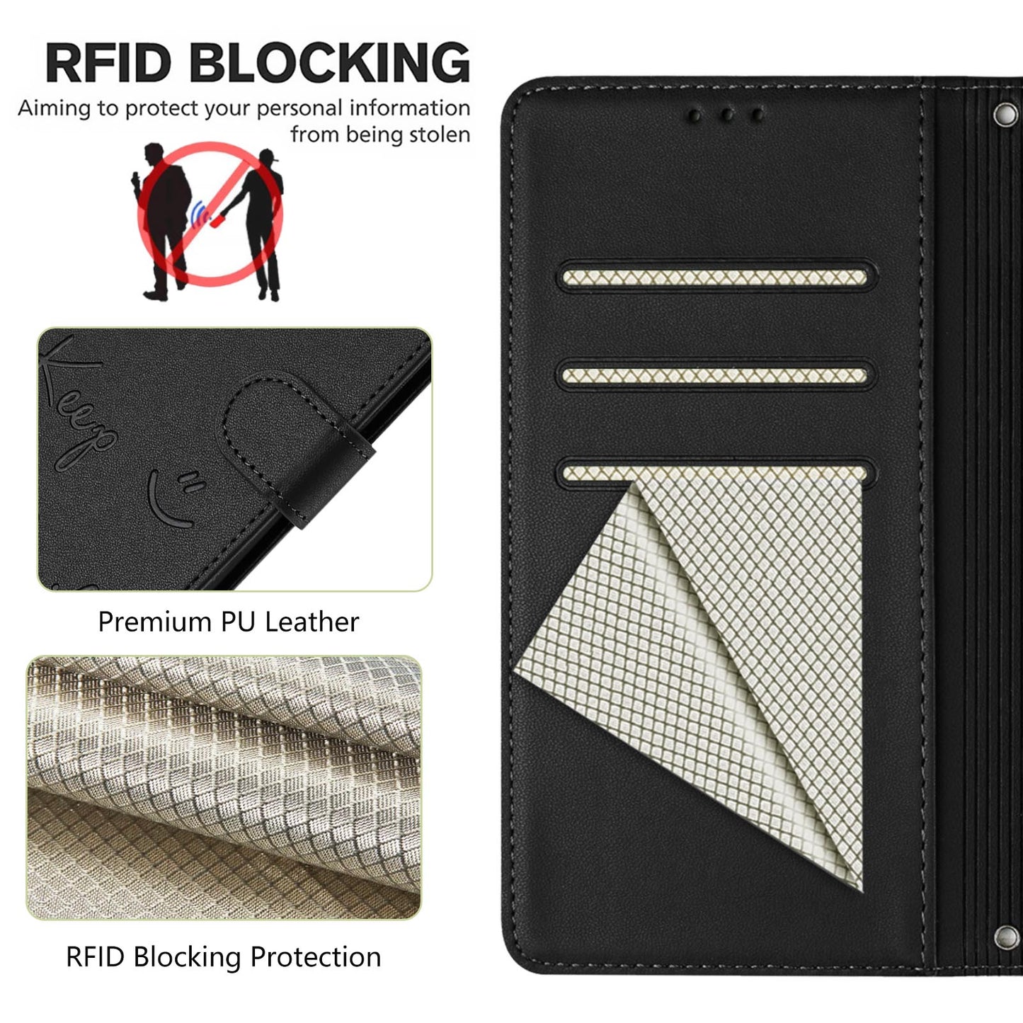 For Samsung Galaxy A16 5G / A16 4G Case Smile Imprinted RFID Blocking Leather Phone Cover with Strap - Black