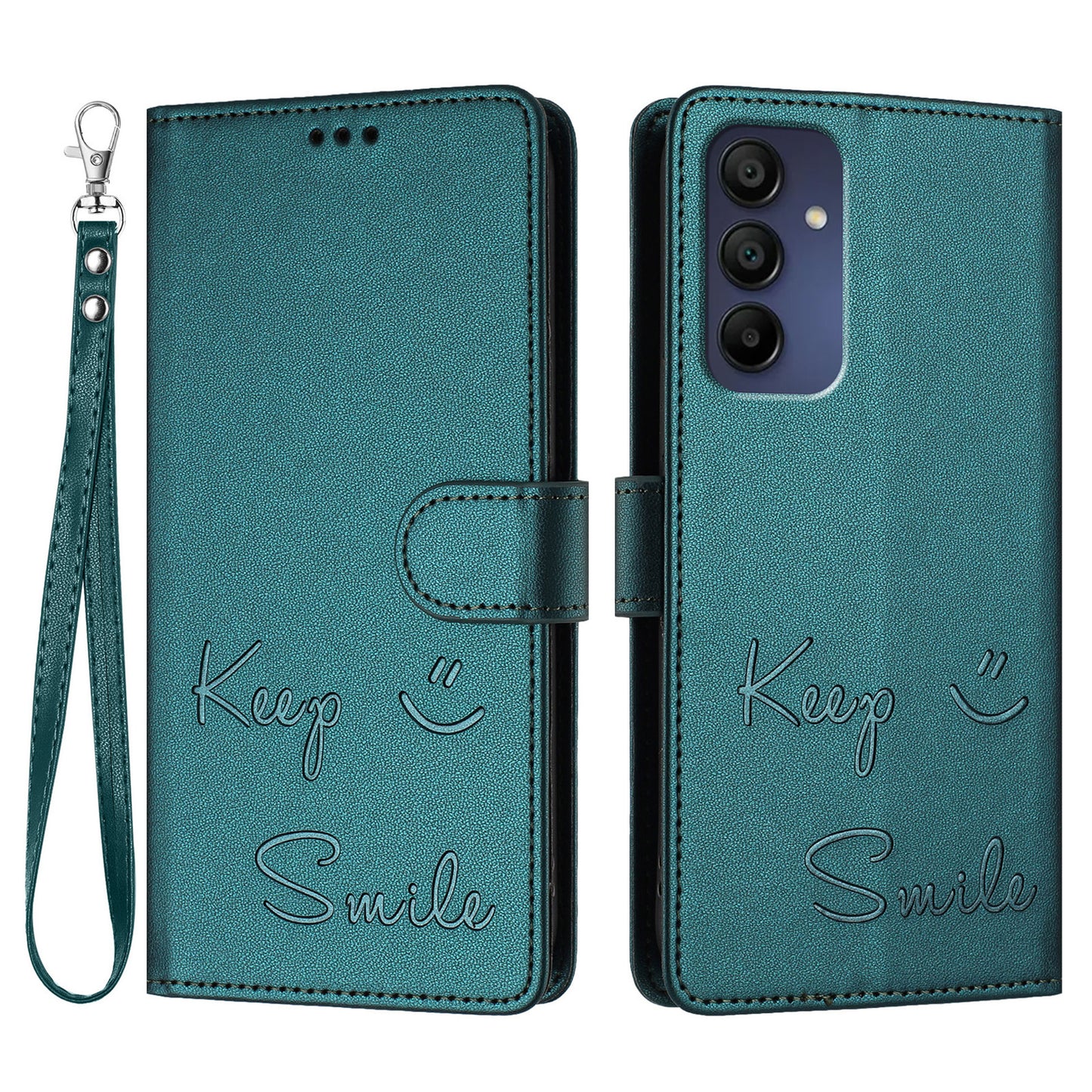For Samsung Galaxy A16 5G / A16 4G Case Smile Imprinted RFID Blocking Leather Phone Cover with Strap - Green