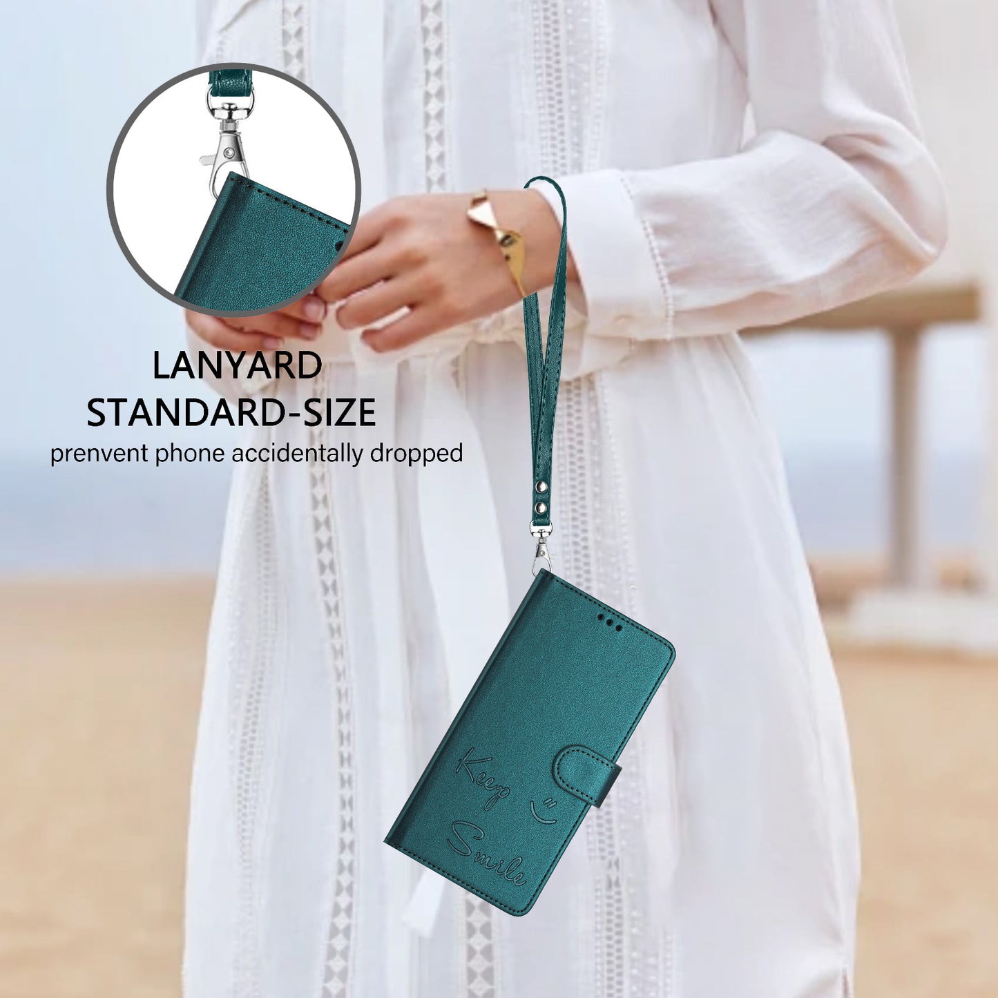 For Samsung Galaxy A16 5G / A16 4G Case Smile Imprinted RFID Blocking Leather Phone Cover with Strap - Green
