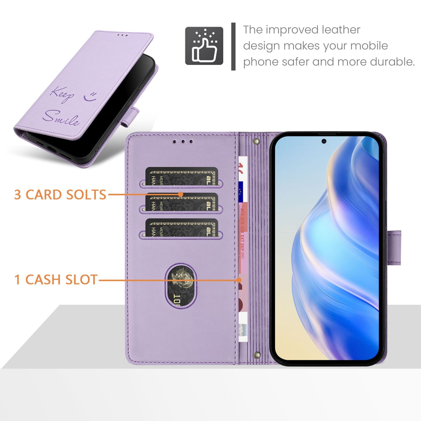 For Samsung Galaxy A16 5G / A16 4G Case Smile Imprinted RFID Blocking Leather Phone Cover with Strap - Light Purple