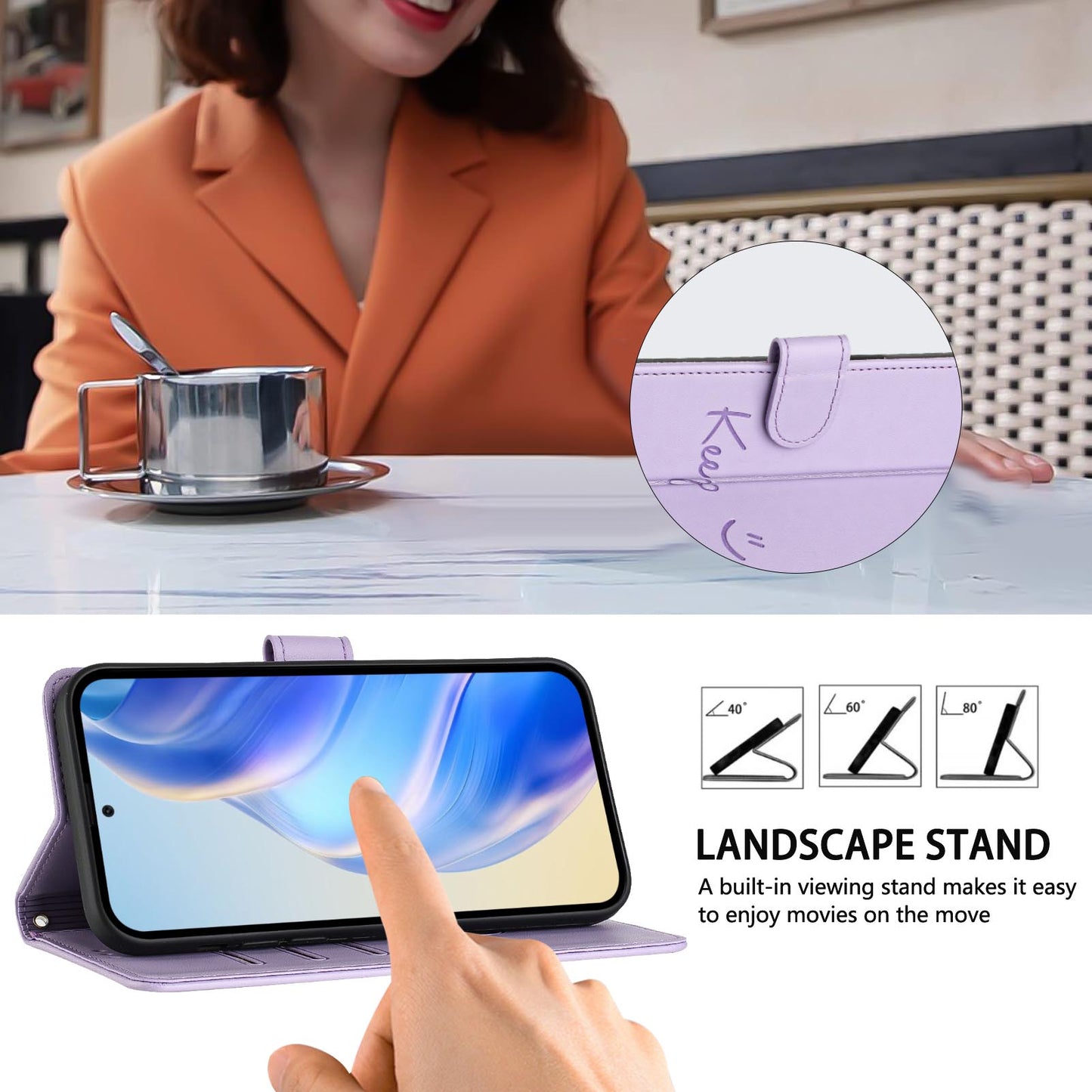 For Samsung Galaxy A16 5G / A16 4G Case Smile Imprinted RFID Blocking Leather Phone Cover with Strap - Light Purple