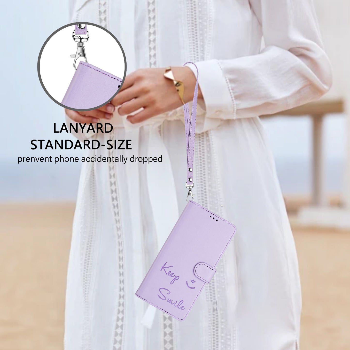 For Samsung Galaxy A16 5G / A16 4G Case Smile Imprinted RFID Blocking Leather Phone Cover with Strap - Light Purple