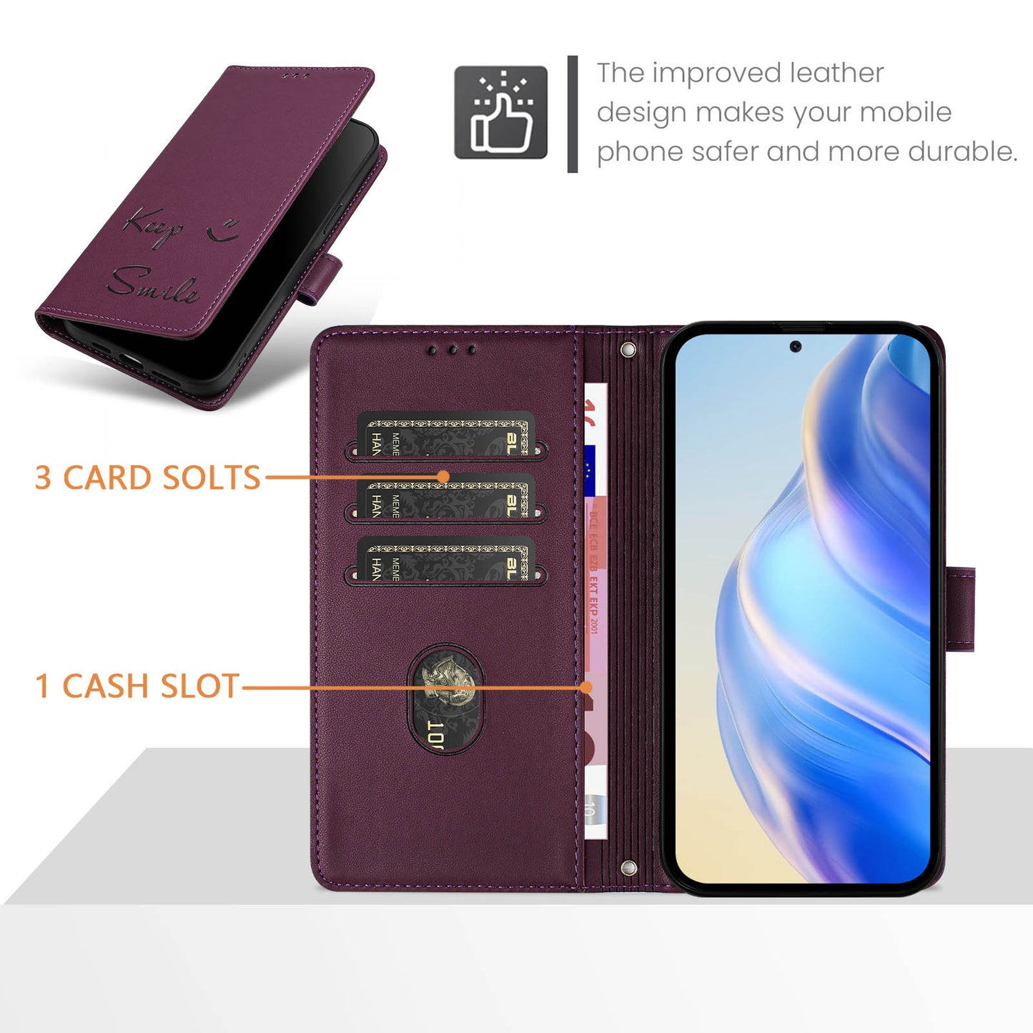 For Samsung Galaxy A16 5G / A16 4G Case Smile Imprinted RFID Blocking Leather Phone Cover with Strap - Dark Purple