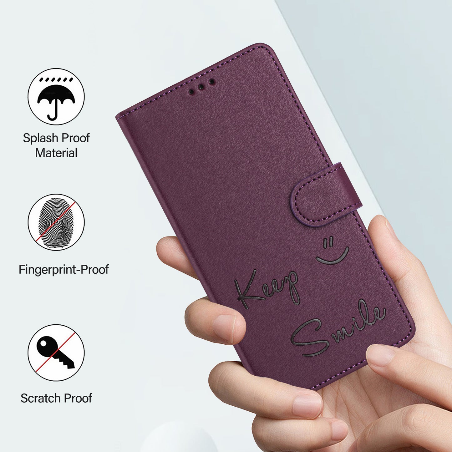 For Samsung Galaxy A16 5G / A16 4G Case Smile Imprinted RFID Blocking Leather Phone Cover with Strap - Dark Purple