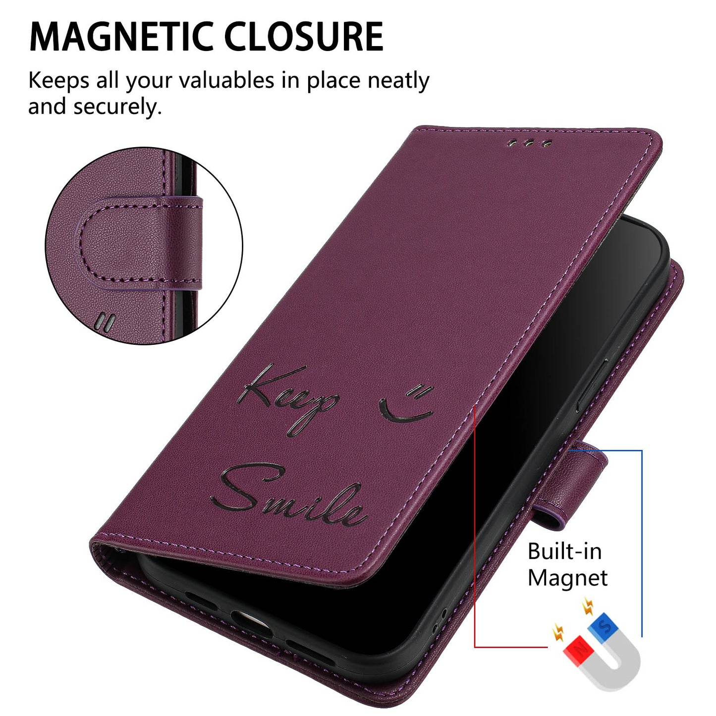 For Samsung Galaxy A16 5G / A16 4G Case Smile Imprinted RFID Blocking Leather Phone Cover with Strap - Dark Purple
