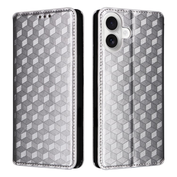 For iPhone 16 Wallet Case Rhombus Imprinted Leather Phone Cover - Silver