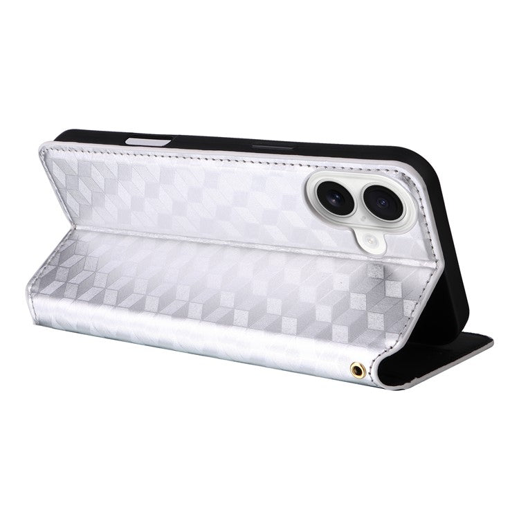 For iPhone 16 Wallet Case Rhombus Imprinted Leather Phone Cover - Silver