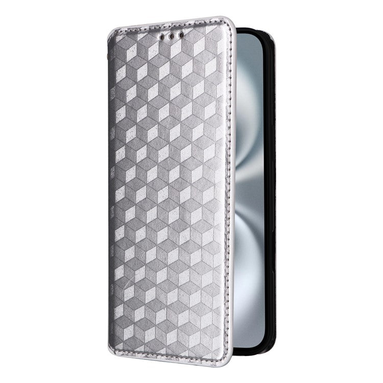 For iPhone 16 Wallet Case Rhombus Imprinted Leather Phone Cover - Silver