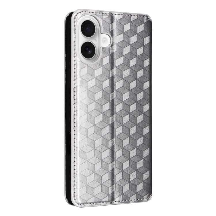 For iPhone 16 Wallet Case Rhombus Imprinted Leather Phone Cover - Silver