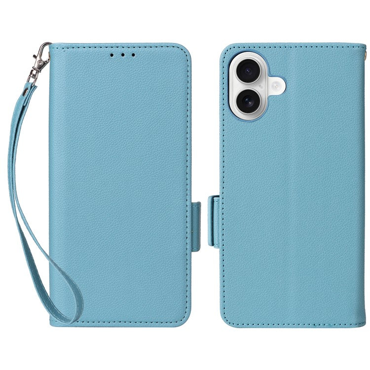 For iPhone 16 Case Litchi Texture PU Leather Wallet Flip Phone Cover - Baby Blue
