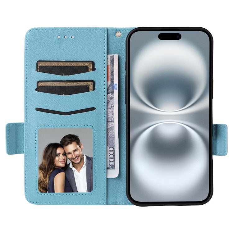 For iPhone 16 Case Litchi Texture PU Leather Wallet Flip Phone Cover - Baby Blue