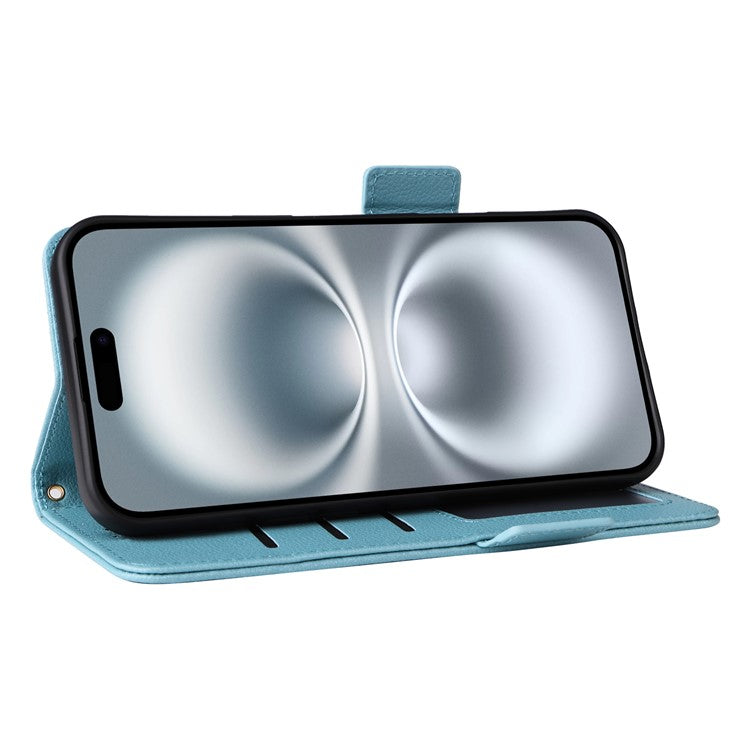 For iPhone 16 Case Litchi Texture PU Leather Wallet Flip Phone Cover - Baby Blue