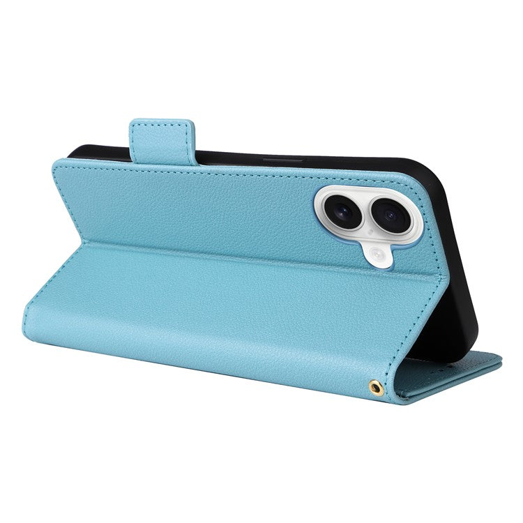 For iPhone 16 Case Litchi Texture PU Leather Wallet Flip Phone Cover - Baby Blue