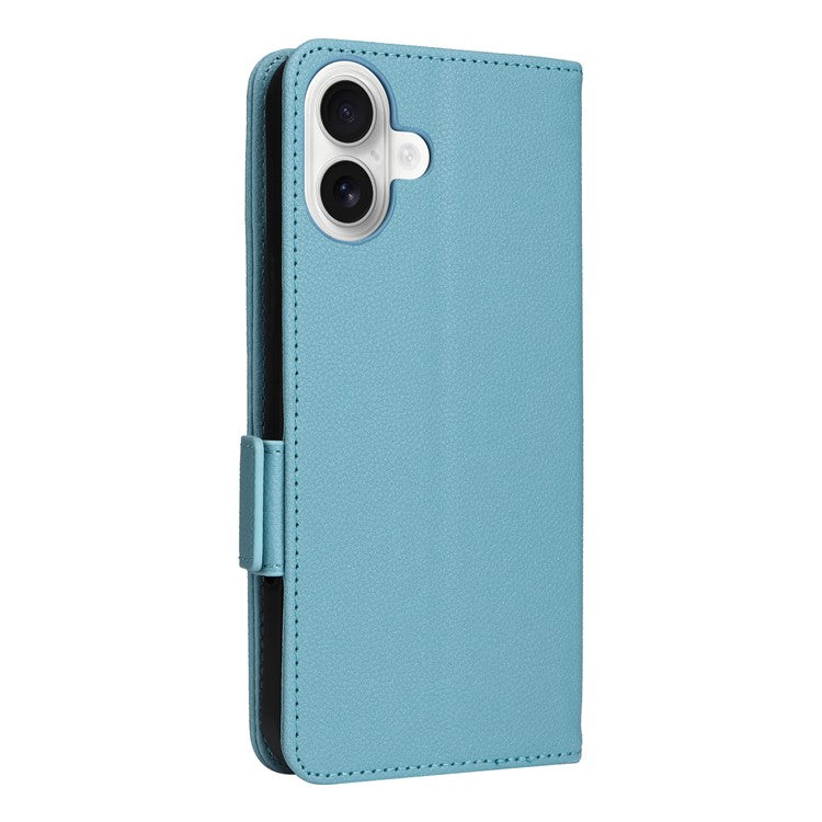 For iPhone 16 Case Litchi Texture PU Leather Wallet Flip Phone Cover - Baby Blue