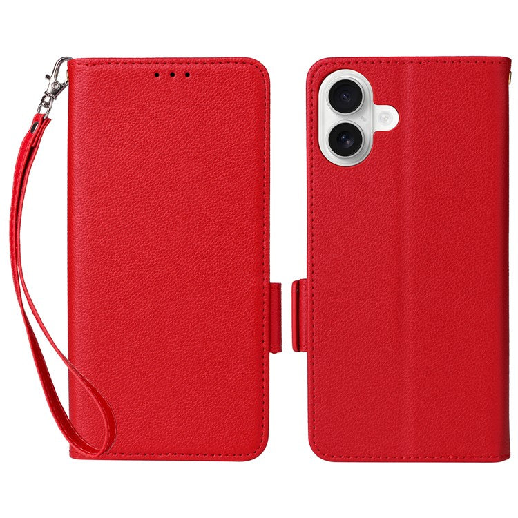 For iPhone 16 Case Litchi Texture PU Leather Wallet Flip Phone Cover - Red