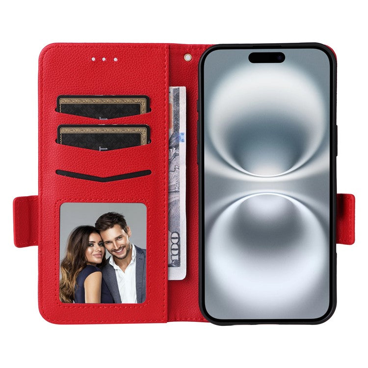 For iPhone 16 Case Litchi Texture PU Leather Wallet Flip Phone Cover - Red