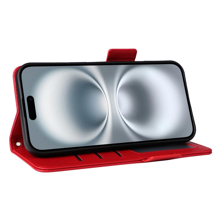 For iPhone 16 Case Litchi Texture PU Leather Wallet Flip Phone Cover - Red