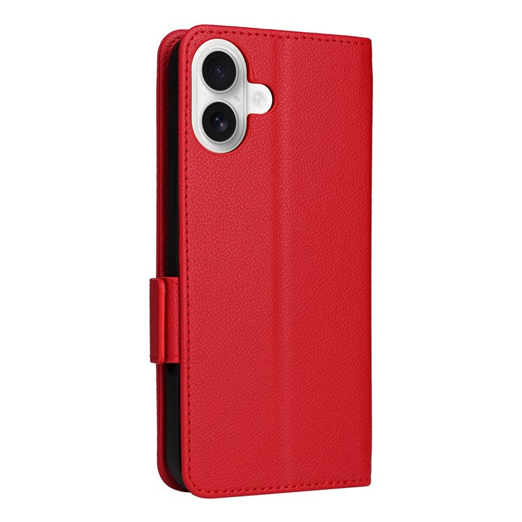 For iPhone 16 Case Litchi Texture PU Leather Wallet Flip Phone Cover - Red