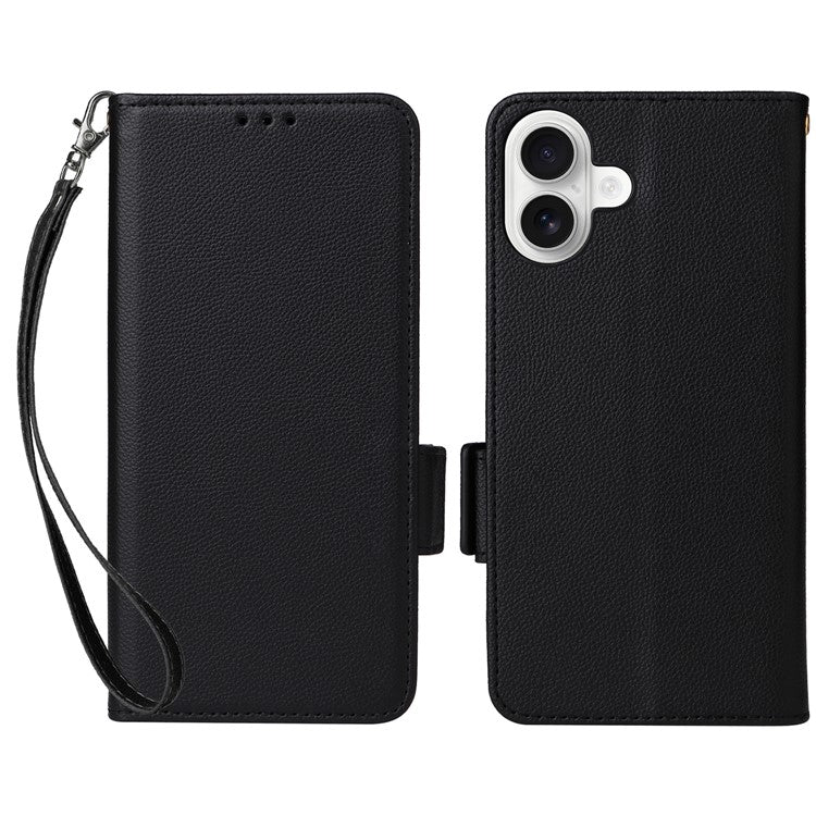 For iPhone 16 Case Litchi Texture PU Leather Wallet Flip Phone Cover - Black