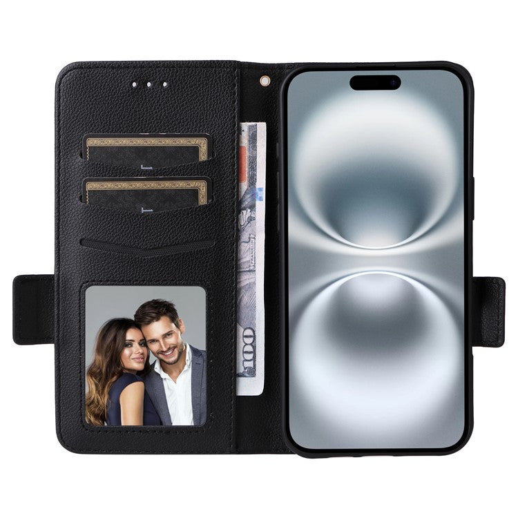 For iPhone 16 Case Litchi Texture PU Leather Wallet Flip Phone Cover - Black