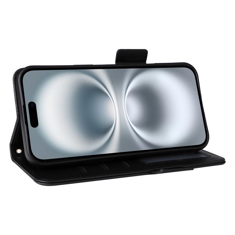 For iPhone 16 Case Litchi Texture PU Leather Wallet Flip Phone Cover - Black